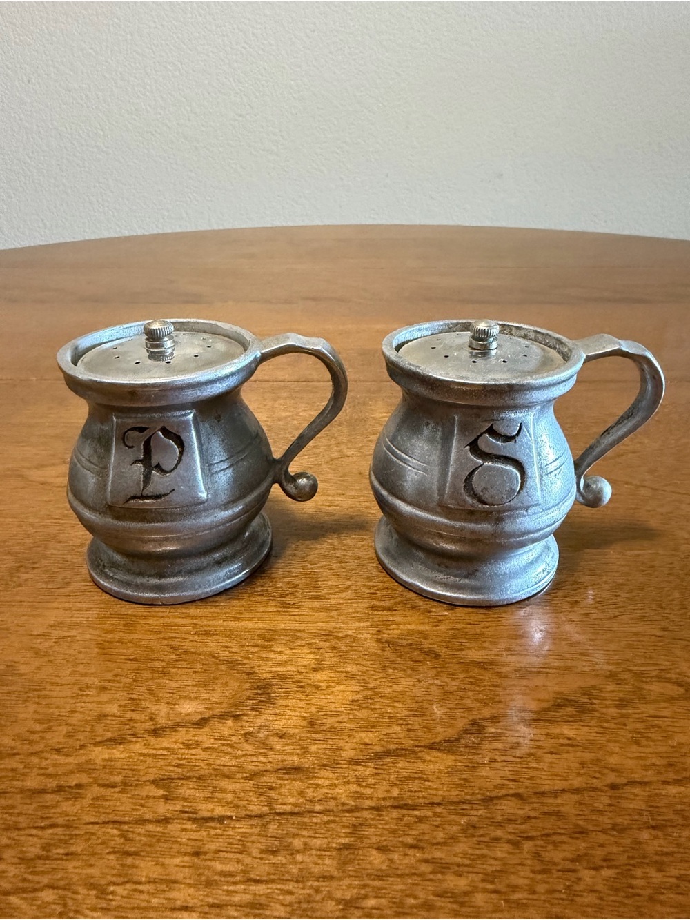 Vintage Pewter-Style Salt and Pepper Shakers - Monogram P & S